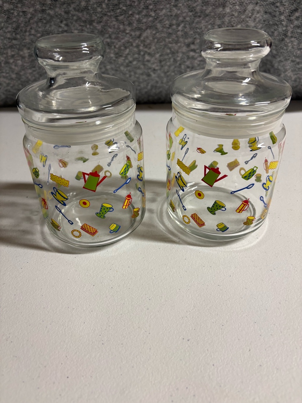 Set of 2 Vintage Indonesia Glass Kitchen Canisters with Colorful Kitchen Motif